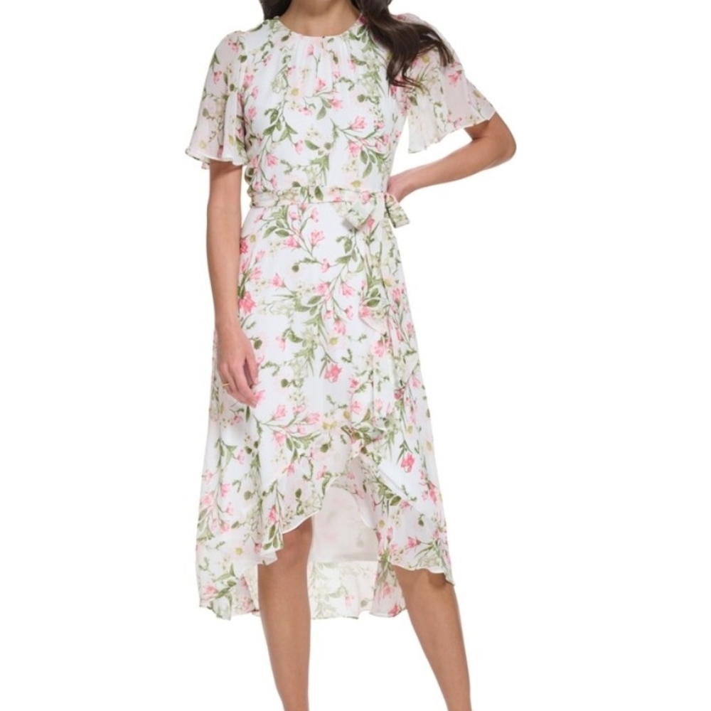 Jessica Howard Floral Chiffon High Low Dress Flutter Sleeve Petite 12P